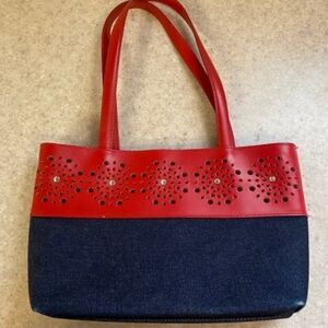 Stylish Berg Red Leather and Denim Colored Bag Made In Italy